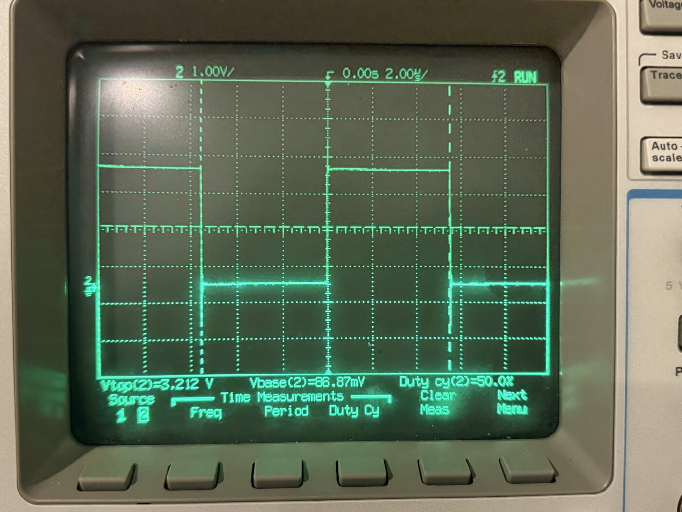 Oscilloscope capture showing the actuator output at 50 percent PWM